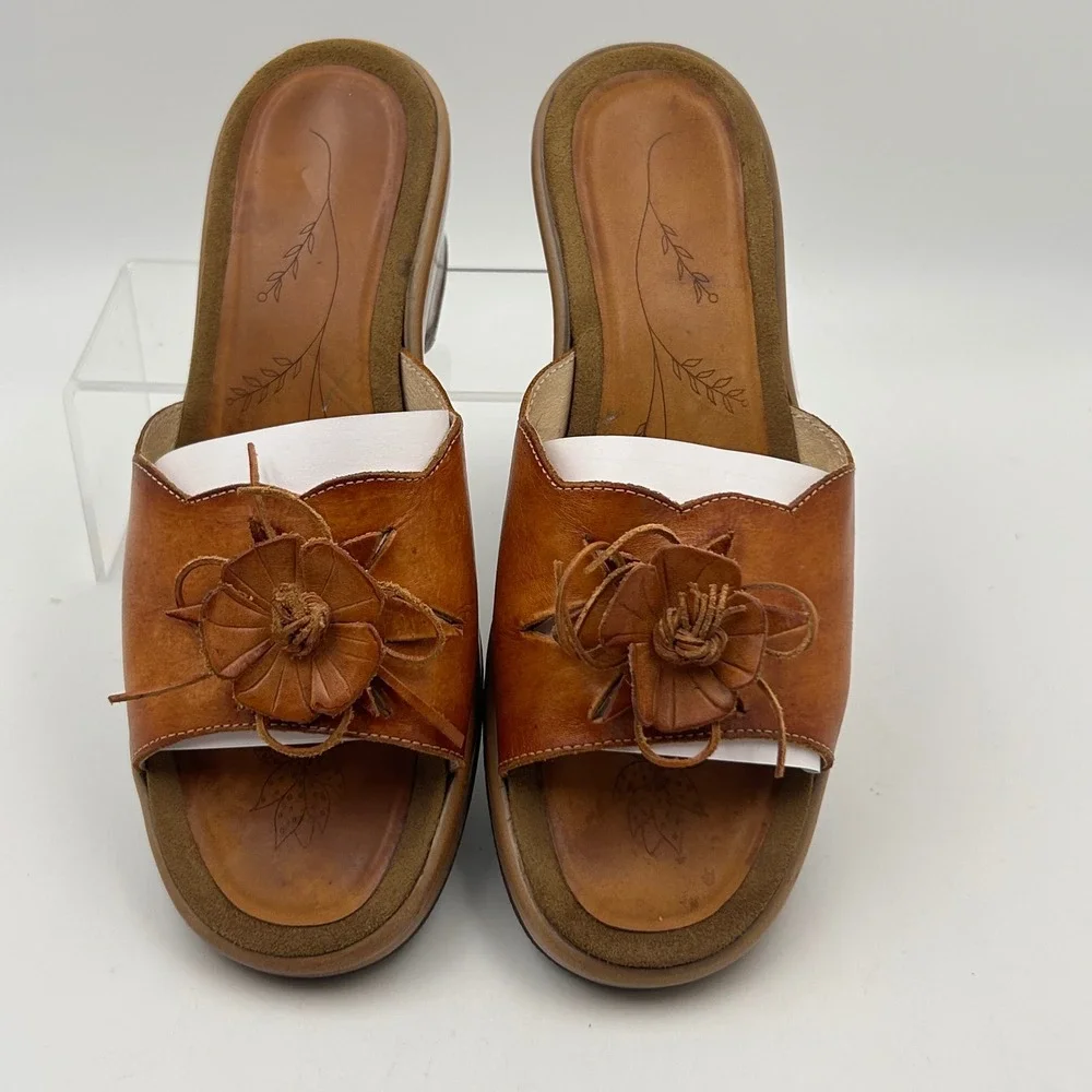 Dansko Wedge Slide Sandals Womens 39 8.5 Brown Leather Floral Boho Comfort Shoes
